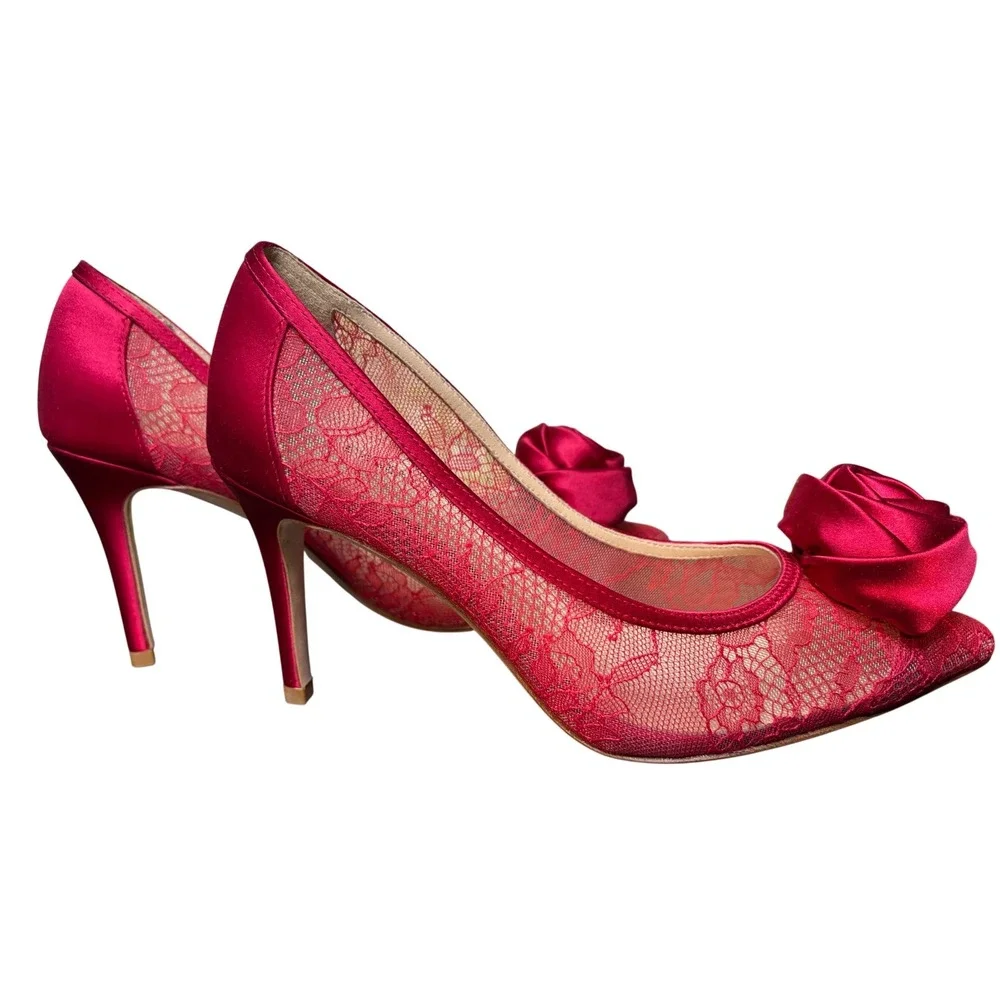 L'AGENCE Women's Red Lace Rose Stiletto Heels‎ Pumps Size 6 Valentine's Day! - Picture 4 of 6